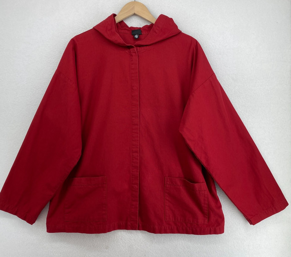 Eileen Fisher Jackets & Blazers - EILEEN FISHER Jacket XL Cotton Canvas Chore Snap Front Pocket Hooded Red USA VTG
